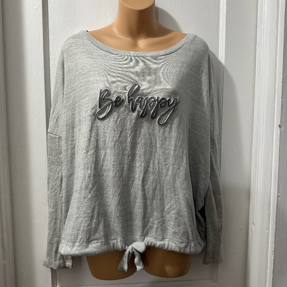 Secret Treasures Be Happy Grey Long Sleeve Top with Front Knot in M